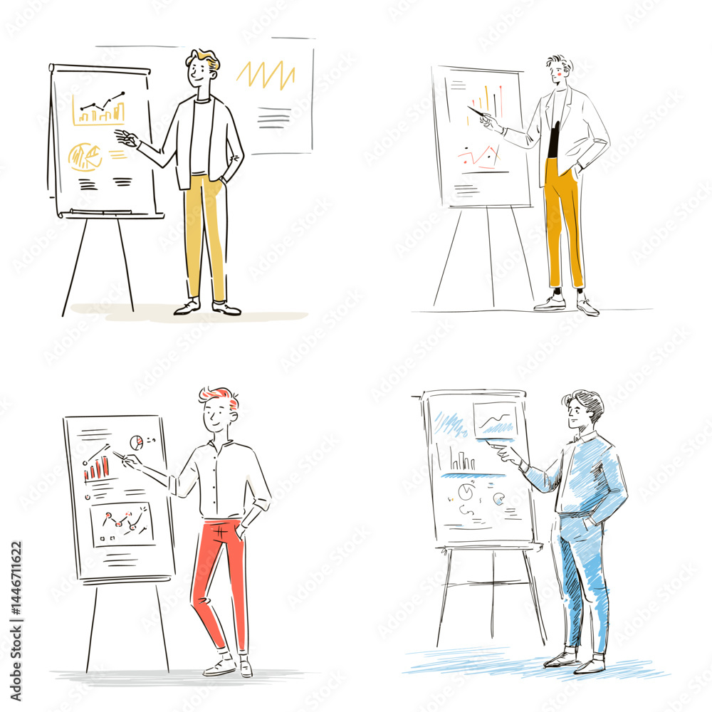 Hand-drawn business presentation illustrations with characters explaining charts on easels, ideal for professional, startup, or education concepts.
Hand-drawn business presentation illustrations with characters explaining charts on easels, ideal for professional, startup, or education concepts.