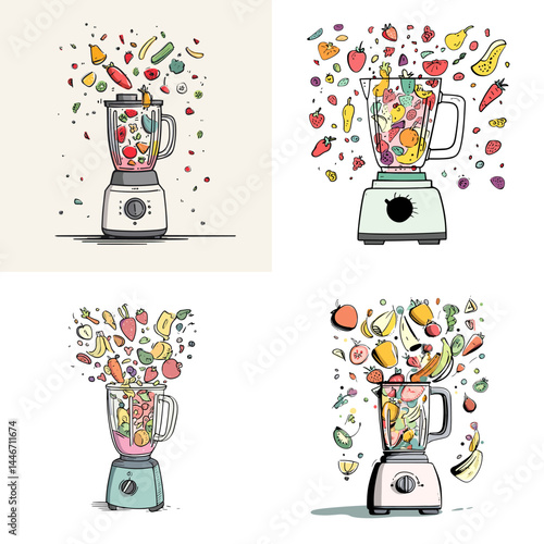 Vibrant hand-drawn illustrations of fruit blenders with flying ingredients, showcasing smoothie preparation and healthy eating in an artistic way.

