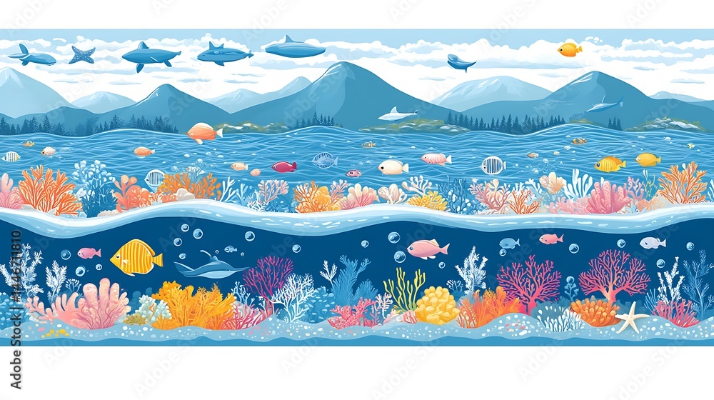 Naklejka premium Underwater life with fishes and coral reef