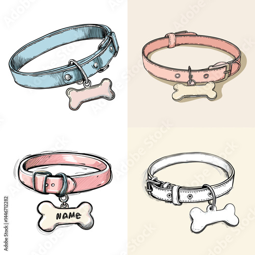 Cute hand-drawn illustrations of pet collars with bone-shaped name tags in pastel tones, perfect for pet care and identification themes.

