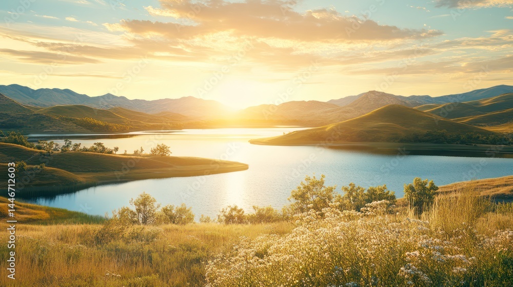 Fototapeta premium Serene mountain lake at golden sunset. Lush hills surround tranquil water