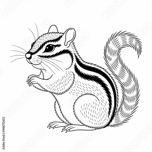 ‎A black and white chipmunk line art of a coloring page white background