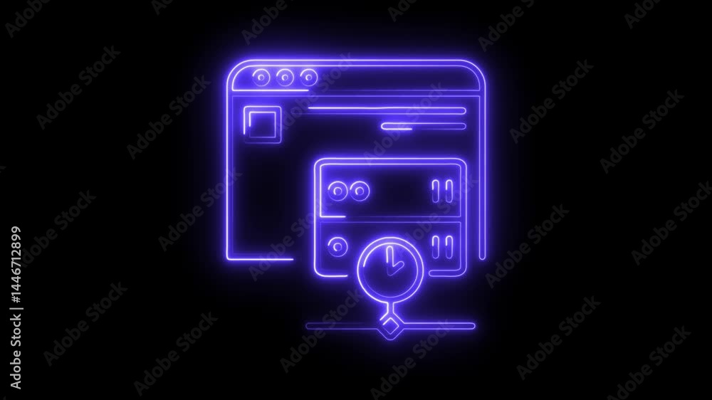 Website optimization neon style animated icon loading time on black background Website optimization neon style animated icon loading time on black background
