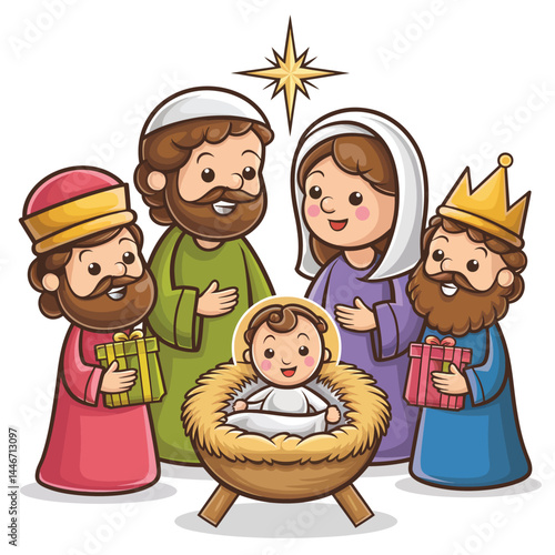 Cartoon Nativity Scene with Holy Family and Wise Men