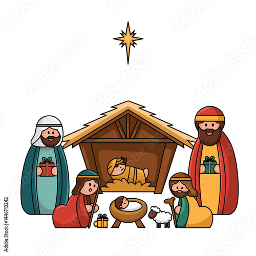 Cartoon Nativity Scene with Wise Men and Baby Jesus