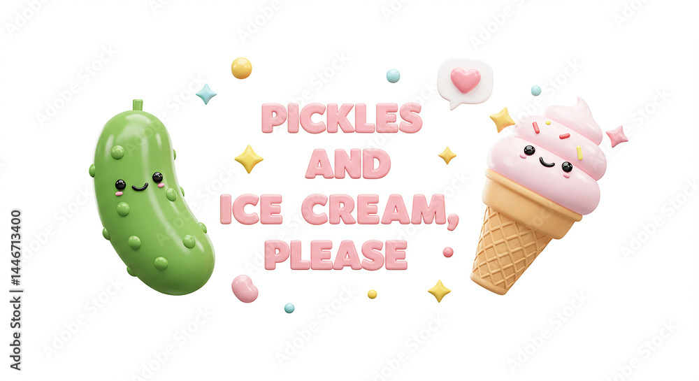 Naklejka premium Pickles and ice cream, please, kawaii food combination craving during pregnancy