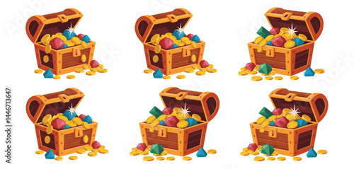 Six Open Treasure Chests Filled with Gold Coins and Gems