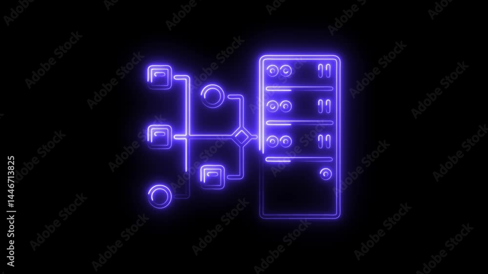 Data flowchart with server neon style animation on black background Data flowchart with server neon style animation on black background