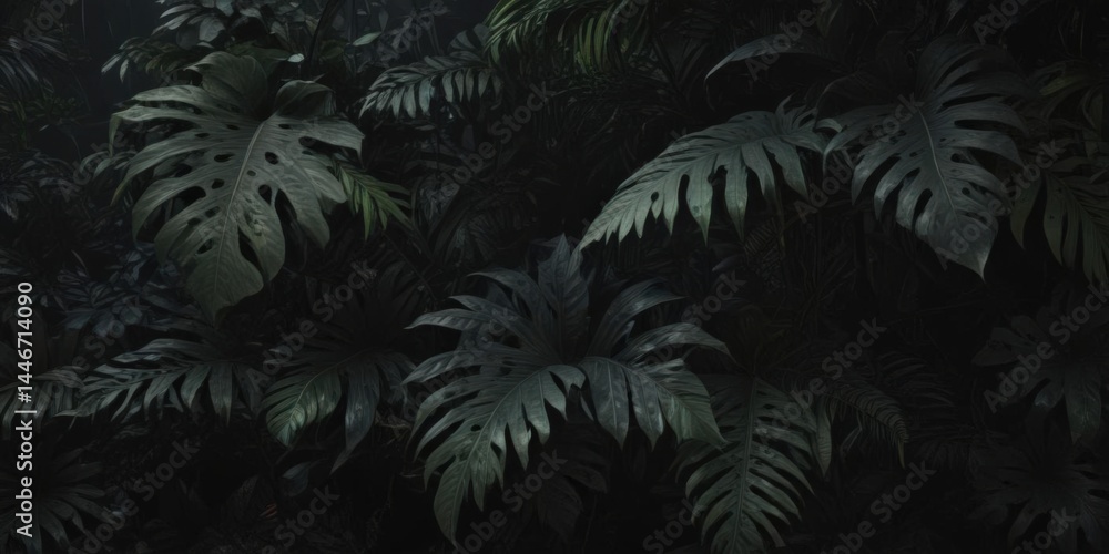 Intricate dark tropical leaves, vines, shadows on black Lush, mysterious, jungle feel , black background, dark foliage, plant Intricate dark tropical leaves, vines, shadows on black Lush, mysterious, jungle feel , black background, dark foliage, plant
