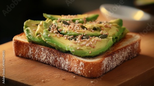 Close-up of a slice of toast topped with smashed avocado and seeds, macro shot, on a wooden cutting board