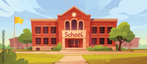 Cartoon Illustration of a Classic Brick School Building