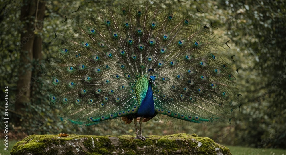 Obraz premium peacock standing on a mossy stone, tail feathers fully fanned out in vivid blues and greens