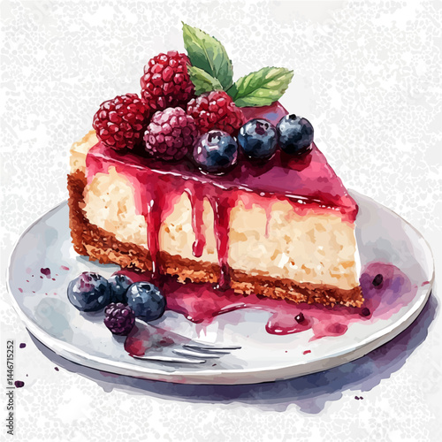 illustration of Slice Of Cheesecake With Raspberry Drizzle, watercolor vector, isolated on a white background.