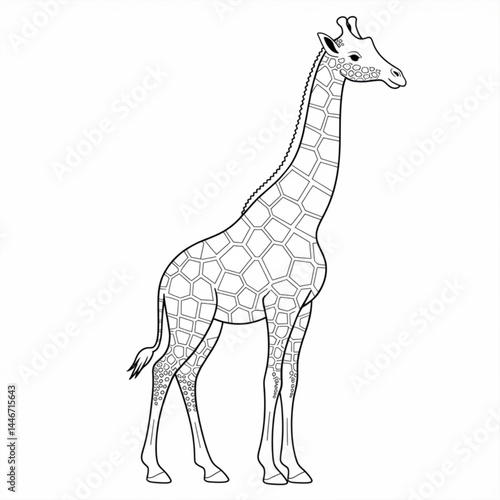 ‎A black and white giraffe line art of a coloring page white background