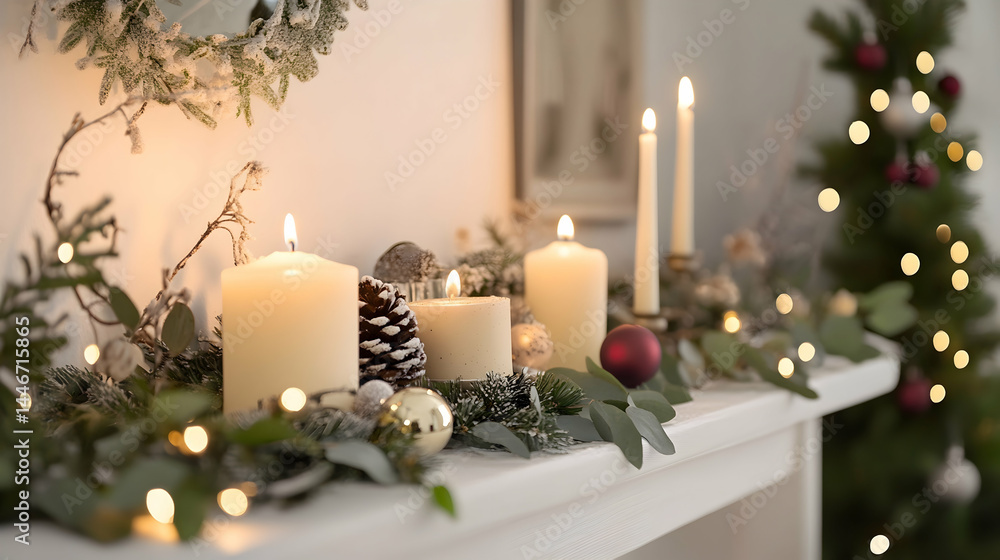 Warm candlelight illuminates a cozy mantelpiece adorned with festive greenery, pinecones, and twinkling lights, creating a serene and inviting holiday atmosphere. Warm candlelight illuminates a cozy mantelpiece adorned with festive greenery, pinecones, and twinkling lights, creating a serene and inviting holiday atmosphere.