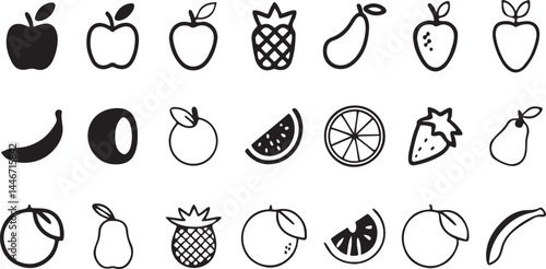 Fruit illustrations. Black and white fruit icons.