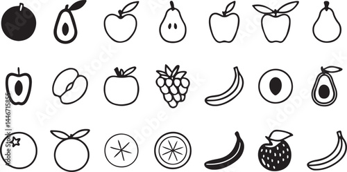 Fruit illustrations. Black and white fruit icons.