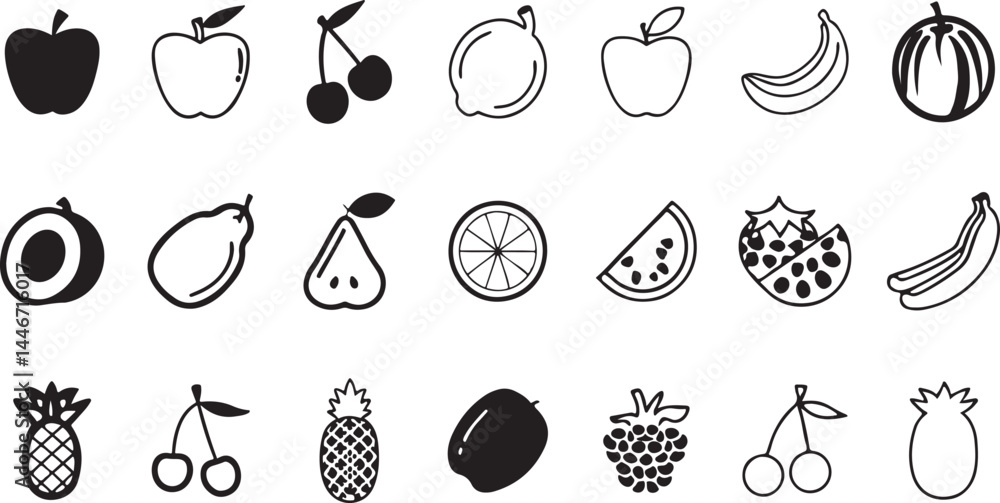 Fototapeta premium Black and White Illustrated Fruit Icons. Fruit Illustrations. Various Popular Fruits.