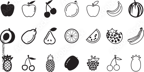 Black and White Illustrated Fruit Icons. Fruit Illustrations. Various Popular Fruits.