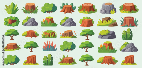 Cartoon Tree Stumps Bushes Rocks and Green Plants Collection