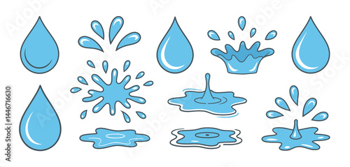 Collection of Cartoon Water Drops Splashes and Puddles