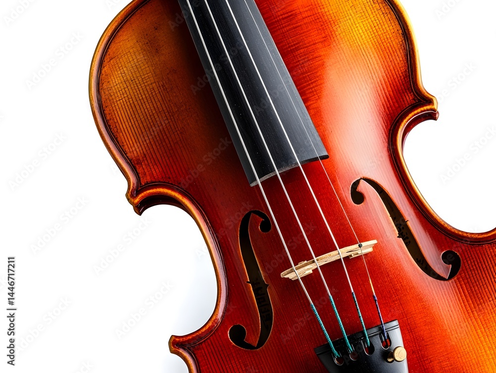 A meticulously crafted violin showcases its rich amber varnish and intricate details against a stark white background. A meticulously crafted violin showcases its rich amber varnish and intricate details against a stark white background.