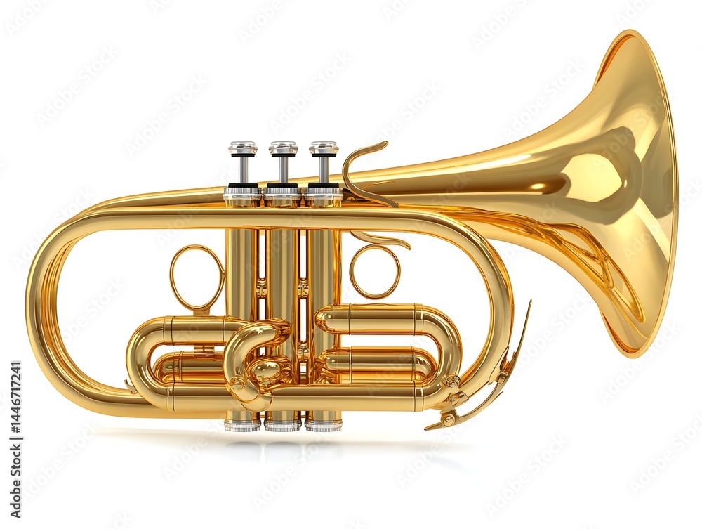 Naklejka premium A gleaming gold cornet trumpet sits angled on a pristine white background ready for a musical performance.