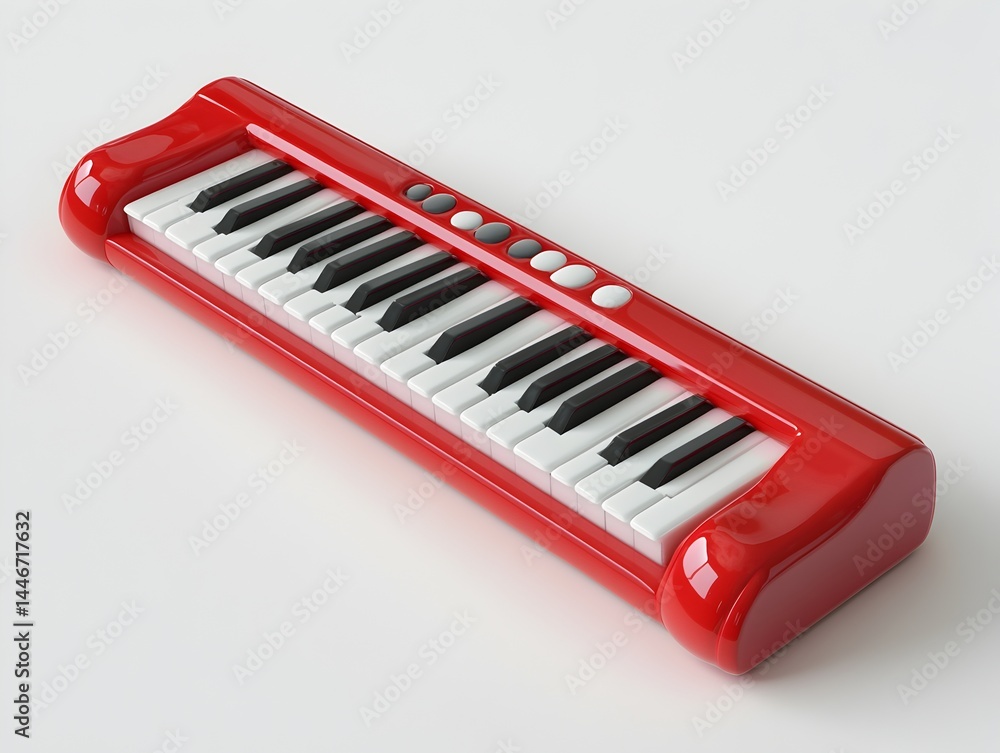 A vibrant red miniature keyboard rests on a plain white background ideal for music education website or app design. A vibrant red miniature keyboard rests on a plain white background ideal for music education website or app design.