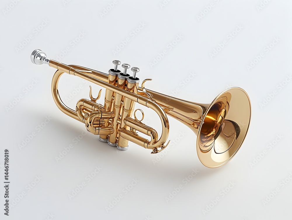 Obraz premium A gleaming gold trumpet rests on a pristine white background showcasing its intricate valves and polished brass finish.