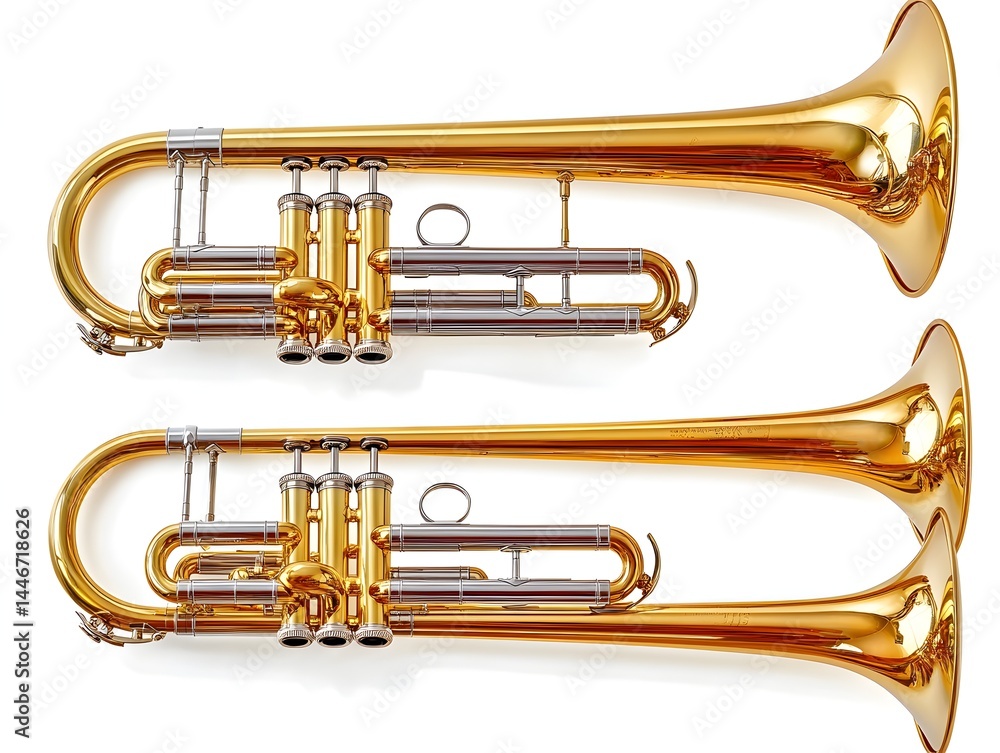 Fototapeta premium Two gleaming golden trumpets lie side-by-side showcasing their intricate details and polished brass finish against a stark white background.