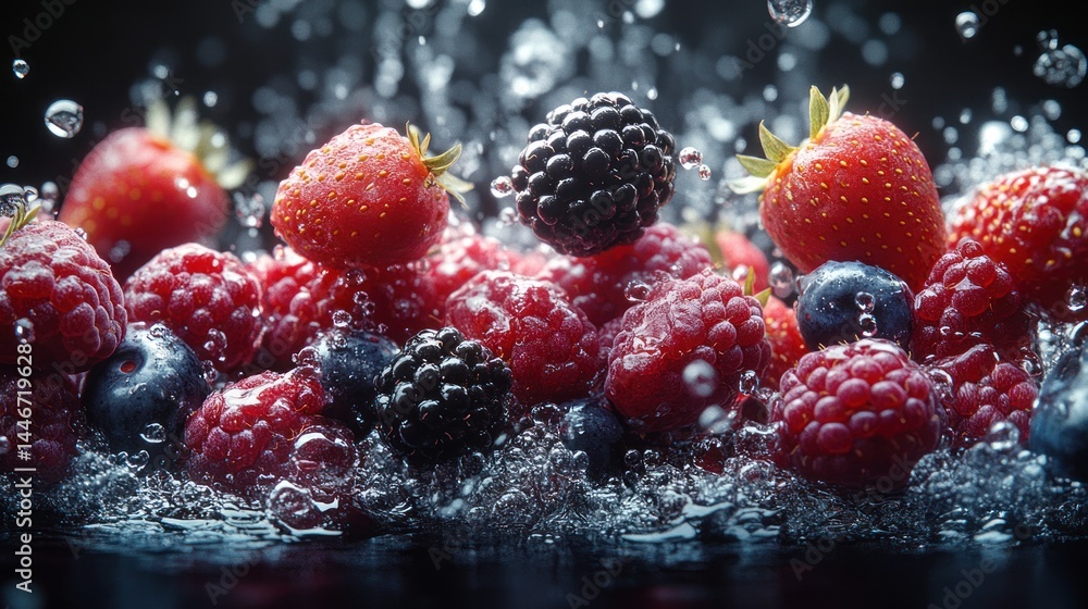 Fresh assorted berries raspberries strawberries blueberries blackberries with water droplets. Fresh assorted berries raspberries strawberries blueberries blackberries with water droplets.