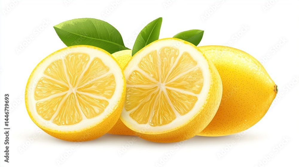 Fresh lemons, cut in half, with green leaves. Fresh lemons, cut in half, with green leaves.