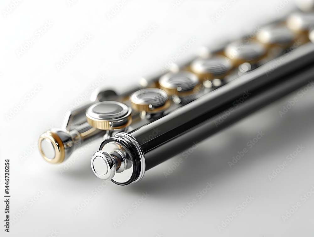 Fototapeta premium A gleaming silver and black piccolo flute rests elegantly on a pristine white background showcasing its intricate details and craftsmanship.