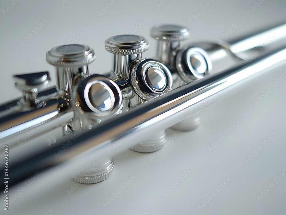 Fototapeta premium A gleaming silver trumpet rests on a stark white background showcasing its valves and polished finish in exquisite detail.
