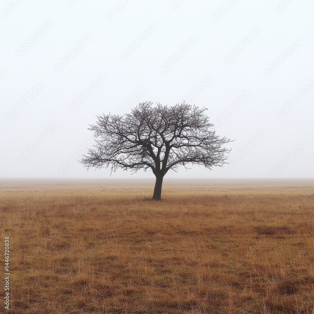 Lonely tree in a vast field, shrouded in mist Lonely tree in a vast field, shrouded in mist