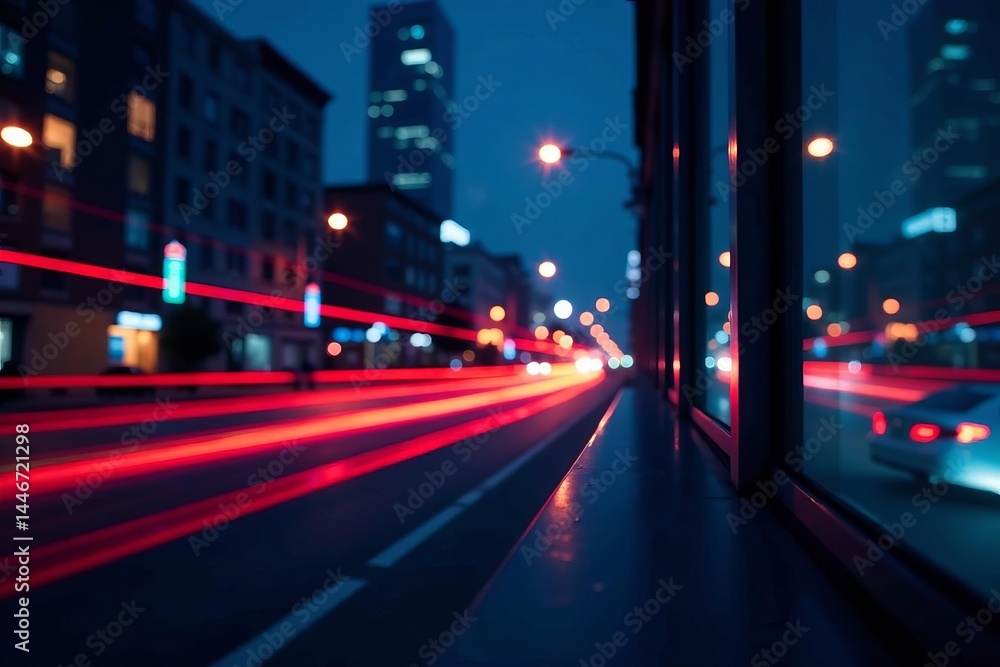 Abstract stock market composition with city window and light trails at night, finance, technology, investment Abstract stock market composition with city window and light trails at night, finance, technology, investment