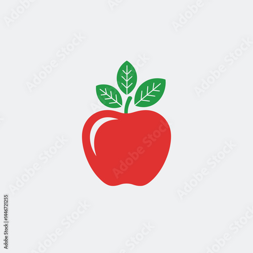 Simple Red Apple with Green Leaves Icon Illustration