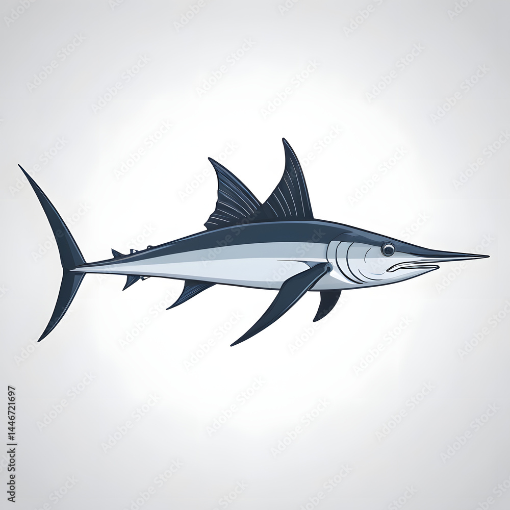 Flat vector illustration of a swordfish, clean lines, modern design, isolated on white background, Adobe Illustrator style, high detail, trendy, marine theme. Flat vector illustration of a swordfish, clean lines, modern design, isolated on white background, Adobe Illustrator style, high detail, trendy, marine theme.