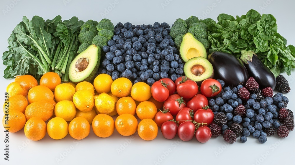 Colorful arrangement of fruits and vegetables displayed on a white surface. Colorful arrangement of fruits and vegetables displayed on a white surface.