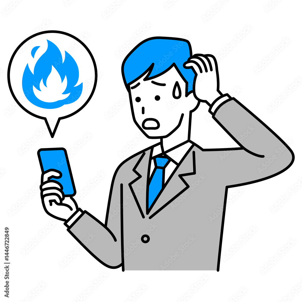 SNSが炎上して困惑しているスーツの男性(スマートフォン) SNSが炎上して困惑しているスーツの男性(スマートフォン)