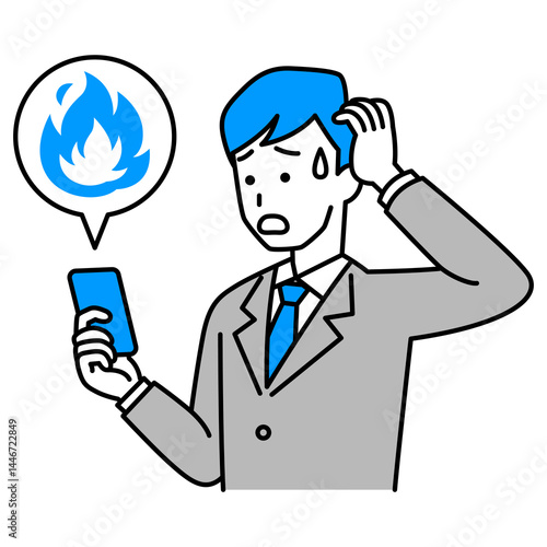 SNSが炎上して困惑しているスーツの男性（スマートフォン）