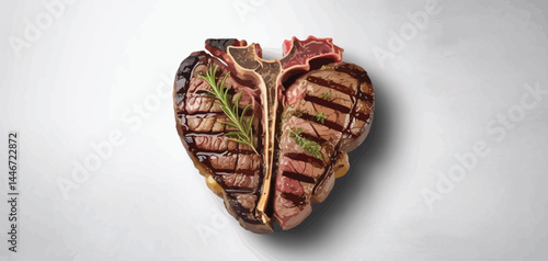 Grilled T-bone Steak Shaped Like a Heart with Rosemary