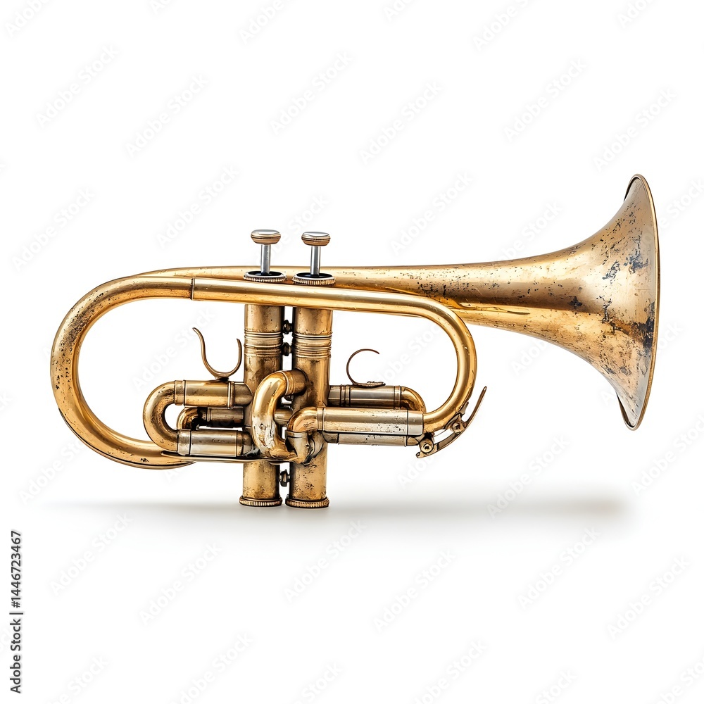 Obraz premium A vintage gold-lacquered cornet rests on a white background, showcasing its intricate valves and aged brass finish.