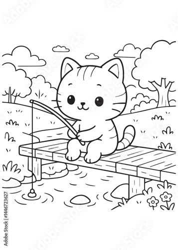 Coloring book kitten sits patiently on a wooden dock, fishing in a calm stream