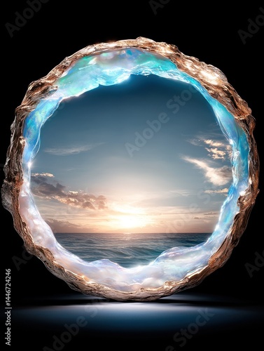 Ocean Sunset Within a Gemstone: A Serene Seascape Framed by Iridescent Stone
