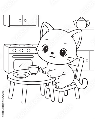 Coloring book sweet kitten sits at a small table in the kitchen, ready for a tea party. 