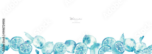 水彩画。水彩タッチの青いレモンイラスト。レモンのベクターイラスト。夏の爽やかな背景フレーム。Watercolor painting. Blue lemon illustration with watercolor touch. Lemon vector illustration. Fresh summer background frame.