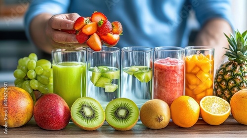 Refreshing fruit drinks and smoothies preparation kitchen food photography bright setting close-up view healthy lifestyle