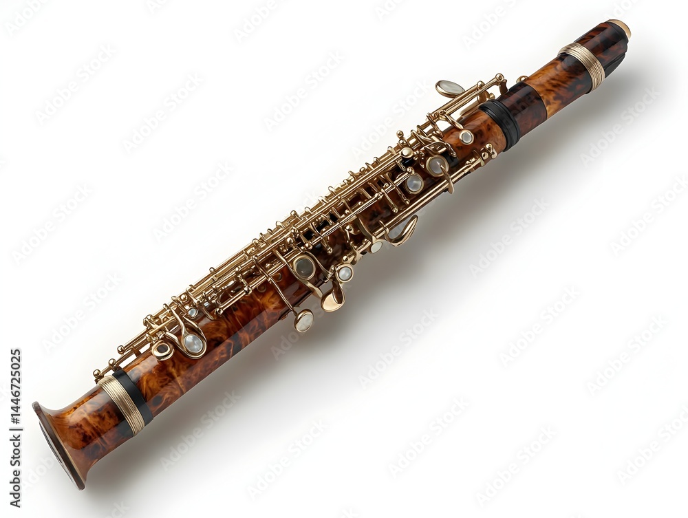Naklejka premium An antique oboe with intricate gold detailing and rich brown wood lies on a pristine white background.