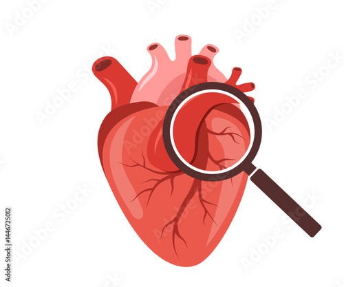 Heart disease. Human internal organ with large magnifier. Heart medical diagnosis and treatment. Vector illustration in flat cartoon style.